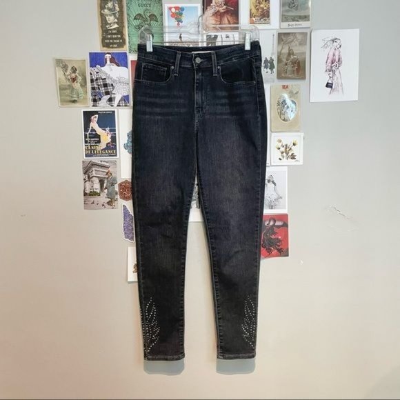 LEVIS 721 HIGH RISE HIGH WAIST SKINNY JEANS STUD ACCENT DETAIL DARK WASH 28 - Picture 1 of 6
